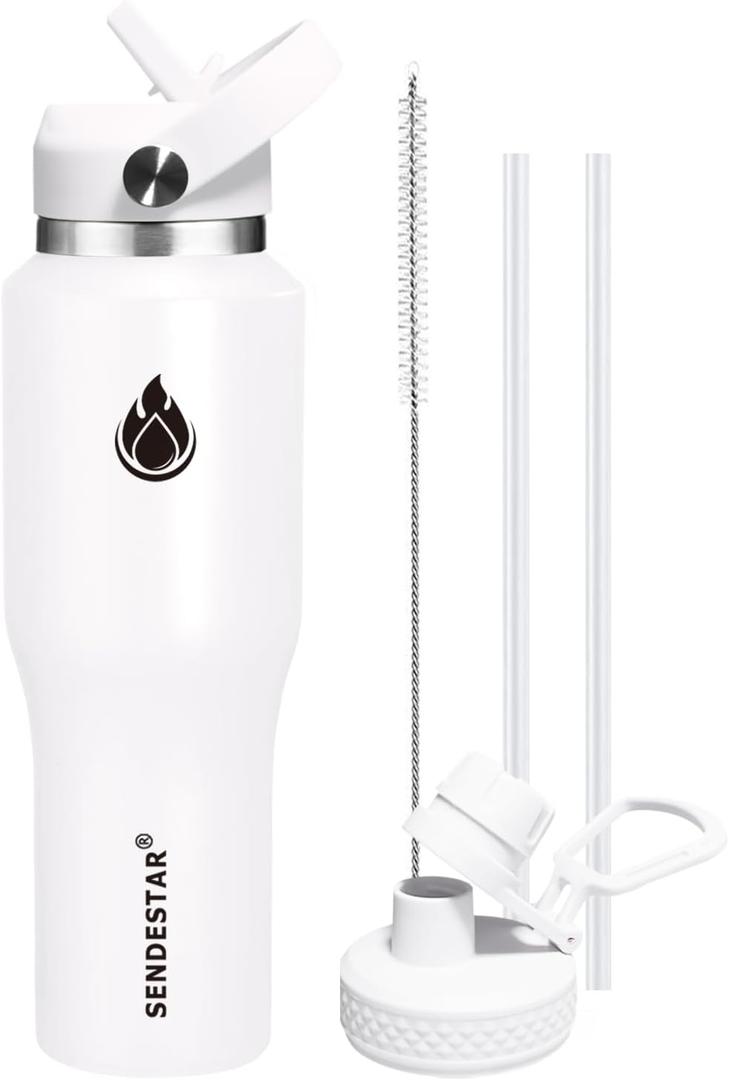SENDESTAR Water Bottle,Wide Mouth Stainless Steel Vacuum Insulated Double Wall Keep Liquids Cold or Hot All Day,Sweat Proof Sport Design,Fit Car Cup Holder,White,40 Ounces