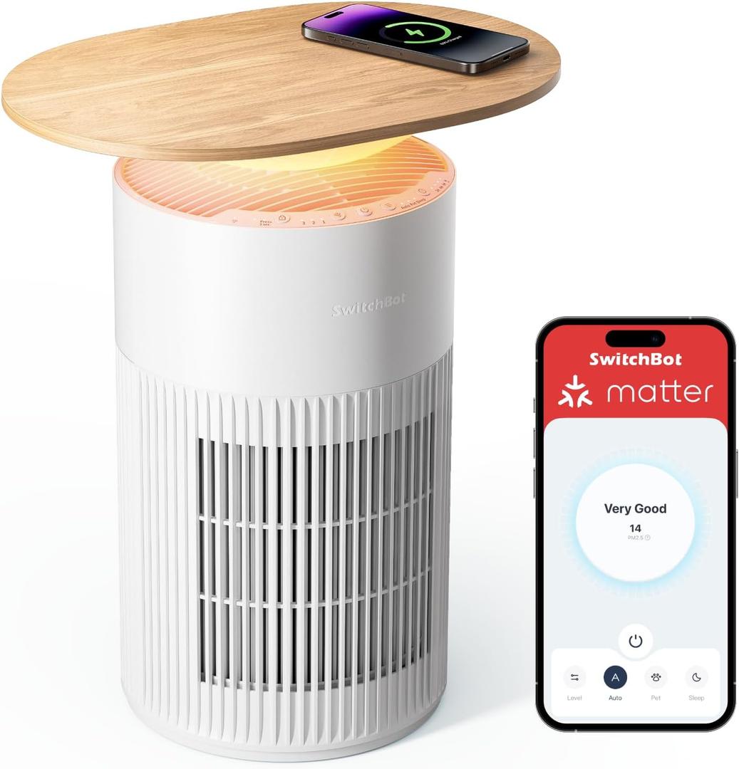 SwitchBot 4 in 1 Air Purifiers Table with Matter, Up to 3620 ft, H13 HEPA Pet Filter, Wireless Charging, Washable Pre-filter, 10 RGB Colors, Work with Apple Home, Alexa, GoogleHome, HomeAssistant (White)
