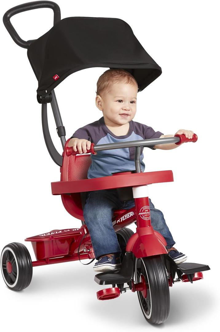 Radio Flyer 4-in-1 Pedal & Push Stroll 'N Trike, Ages 1-5, Toddler Tricycle & Stroller, High-Density Foam Tires, Parent Push Handle, UV Canopy, Removable Tray, Headrest & Seatbelt, Stroller Tricycle