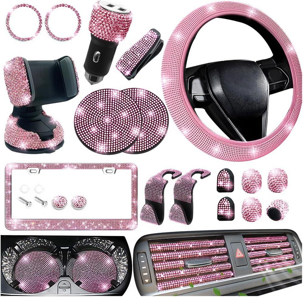27PCS Bling Car Accessories Set for Women, 14.5-15" Rhinestone Steering Wheel Cover Cup Coaster, USB Charger Phone Holder Headrest Hook, Diamond Auto Interior Decor, Universal Fit (Pink)