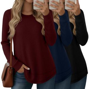 3 Pack Women's Waffle Knit Sweatshirts Crew Neck Long Sleeve Tops Casual Loose Fit Pullover Tees Curved Hem Shirts (Large, Black, Navy Blue, Wine Red)