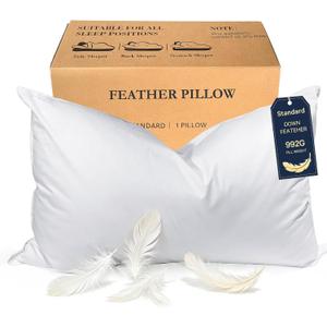BHZ Goose Down Feather Standard/Queen Pillow, Luxury Hotel Collection Bed Pillow for Sleeping, Firm Soft Support for Side & Back Sleepers for Apartment College Dorm Room Essentials, White (Standard (Pack of 1))