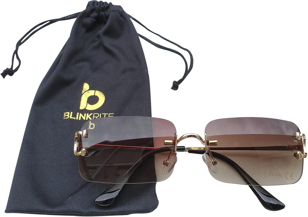 Rimless Designer Sunglasses for Men and Women, Retro Rectangle Sunglasses with Premium Leather Case