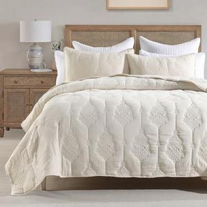 HORIMOTE HOME Ivory Quilt Queen Size Floral Quilt Bedspread Lightweight Soft Pre-Washed Microfiber Bedcover, 3 Pieces Thin Comforter Bed Cover Bedding Set for All Season