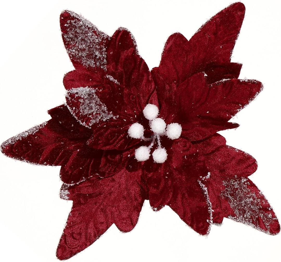 GL-Turelifes 11.8 Large Christmas Flowers 6 Pcs Artificial Poinsettia Flower Velvet Christmas Tree Flower Ornaments Fold Floral for Christmas Decorations New Year Party Wedding (Wine Red)