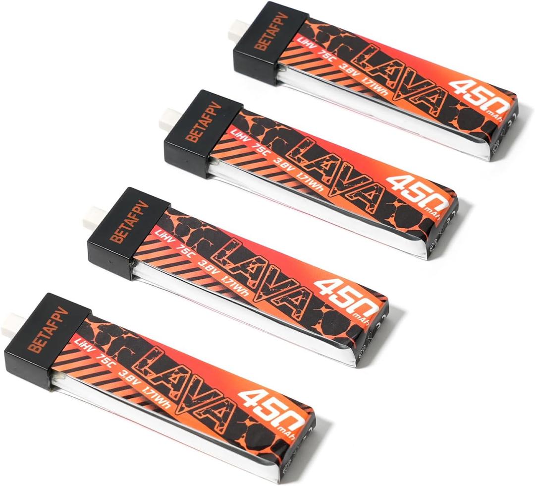 BETAFPV 4pcs Lava 450mAh 1S 3.8V 75C LiHV FPV Lipo Battery with BT2.0 Connector for 1-2S FPV Tiny Whoop Drone Quadcopters Like Meteor75, Meteor75 Pro, Cetus Pro 1S Brushless Drones, Cetus X 2S Quad
