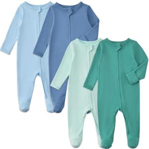 Aablexema Baby Pajamas with Mitten Cuffs Zipper 4-Pack Infant Newborn Cotton Long Sleeve Footie Outfit, Size 6-12