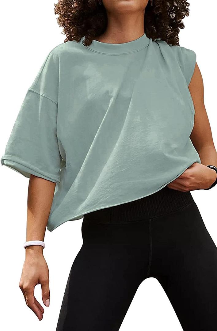 Carpetcom Oversized Workout Shirts for Women Short Sleeve Drop Shoulder Casual Crop Tops Baggy Gym Yoga Athletic Tee (Small, Light Gray Green)