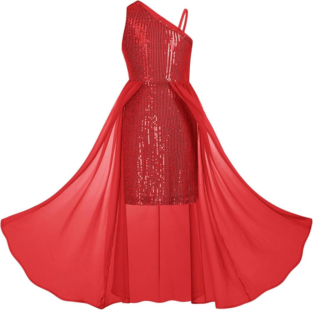 GRACE KARIN Girls Sequin Formal Dress Sequin Pageant Wedding Guest Dresses Birthday Fancy One Shoulder Dress Size 6-14 (7-8 Years, Red)