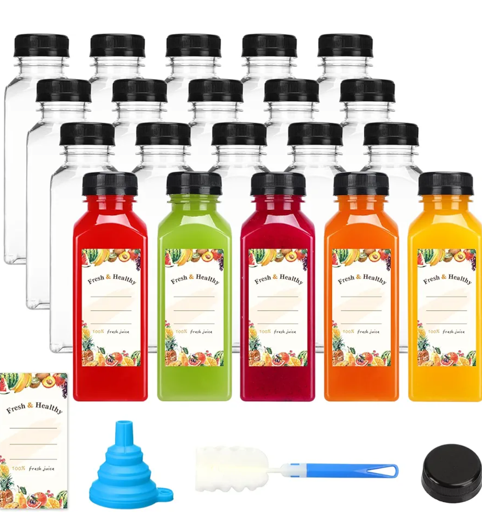 Moretoes 20pcs 12oz Plastic Juice Bottles with Caps, Empty Reusable Drink Containers with Labels, Clear Juice Bottles for Juicing Milk Smoothie Drinking and Other Beverages
