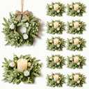 12 Pcs Wedding Greenery Eucalyptus Wreaths Mini White Rose Candle Rings Wreaths Coastal Pillar Candle Holder for Boho Bridal Shower Bachelorette Party Table Decor