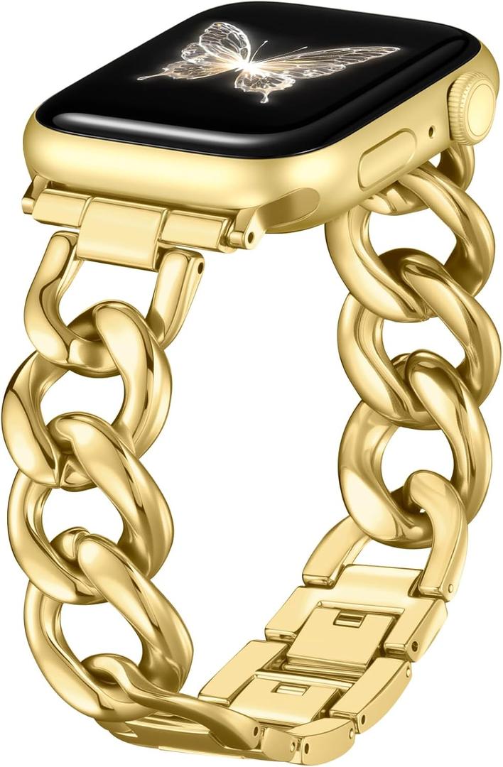 DaQin Gold Band Compatible with Apple Watch Bands for Women, Metal Chain Link Steel Replacement Accessories Bracelet for iWatch Bands Series 10 9 8 7 6 5 4 3 2 1 SE, Size: 38mm/40mm/41mm/42mm(Series 10)