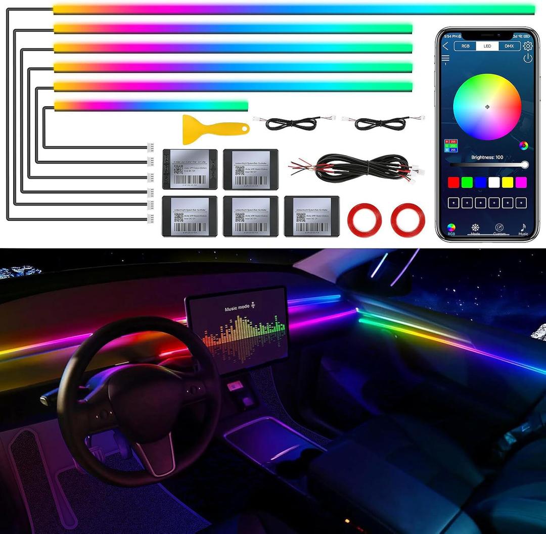 Dreamcolor Acrylic Interior Car LED Strip Light with Wireless APP, RGB 6 in 1 with 175 inches 593 LEDs Fiber Optic Strip Lights for Car, Dynamic Chasing Music Sync Neon Car Ambient Lighting Kits