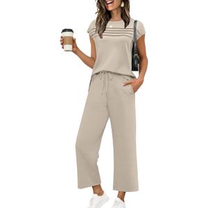 WIHOLL Two Piece Sets for Women Summer Travel Vacation Outfits Cap Sleeve Lounge Matching Sets Wide Leg Pants S-3XL (Medium, Beige)