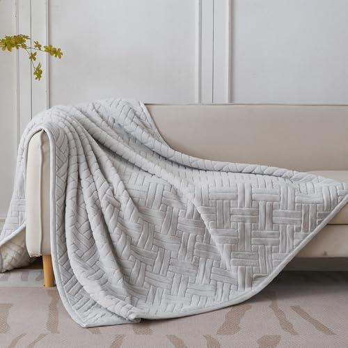 KORBLISS Faux Fur Quilt Twin Blanket for Couch, 480GSM Fuzzy Soft and Warm Coverlet Light Weight Quilted Blanket for Sofa, Chair, Bed, Bedroom, 60x80 Inches,Light Grey Interwoven