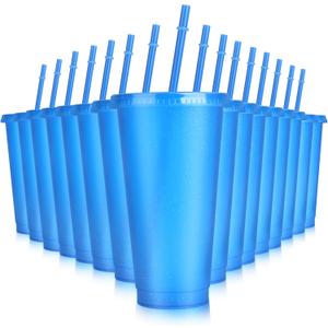 Hxezoc 16 Pieces Reusable Cups with Lids and Straws, 24 oz Glitter Plastic Tumbler Iced Coffee Cups Travel Mug Cup for Birthday Party, Smoothie Juices Beach Party, Bachelor Party (Blue)
