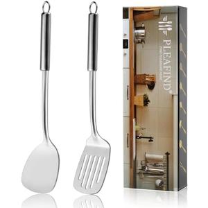 Pleafind 2-Pcs Solid & Slotted Spatula Set, 304 Stainless Steel Spatula, Metal Spatula, Wok Utensils, Cooking Utensils, Wok Spatula for Home, Kitchen and Restaurant, Dishwasher Safe, Silver