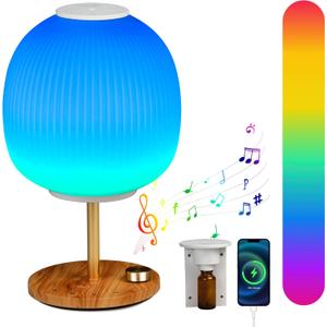 BAYSQUIRREL RGB Bedside Table Lamp 14 Inch with Bluetooth Speaker & Essential Oil Diffuser - Color Changing Glass Lamp for Bedroom, Living Room, Nightstand - Aromatherapy, Mood Lighting, Stereo Sound (vertical stroke)