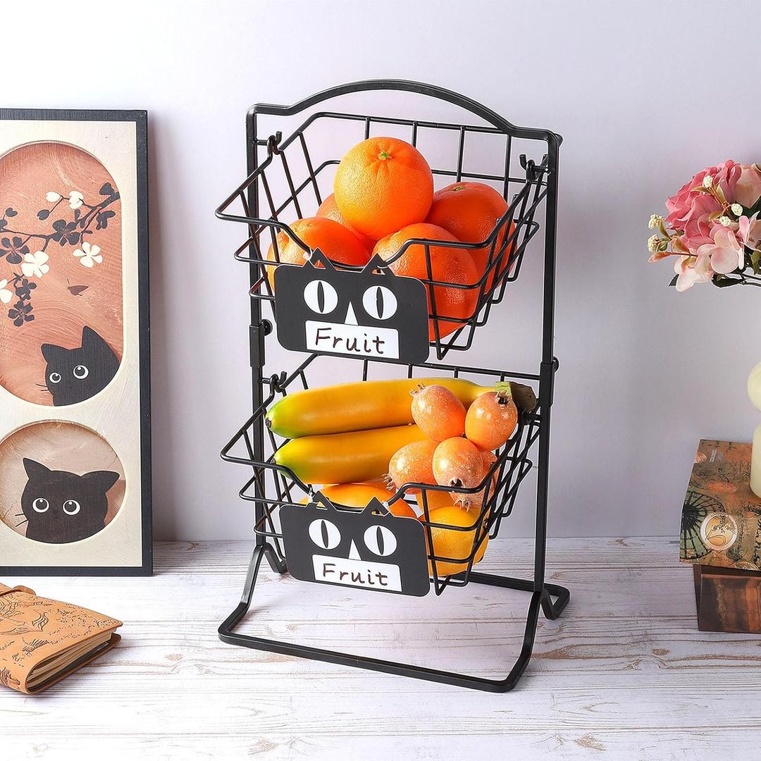 IBWell 2 Tier Fruit Basket Metal Fruit Holder for Kitchen Countertop Fruit Stands for Kitchen Counter Bread Snack Vegetable Hanging Fruit Storage Countertop with CUBE-CAT Label Tag