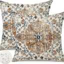 Outdoor Waterproof Pillow Covers - 18x18 Inch Set of 2 Bohemian Vintage Carpet Pattern Pillow Covers with Gold Blue Ethnic Design for Decorative Farmhouse Couch, Garden, Balcony