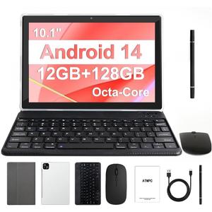 Tablet, 10 Inch Android 14 Tablets 12GB (4+8 Expand) RAM 128GB ROM, 1TB Expandable, Octa-Core Tablet with Keyboard, Mouse, Stylus, 1280 * 800 IPS, 6000mAh Battery, WiFi 6,BT 5.4, Dual Camera
