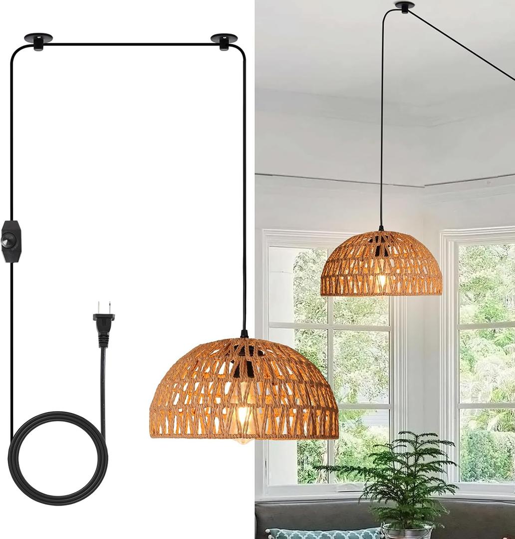 HuisMier Rattan Hanging Lamp Plug in Pendant Light with 15 Ft Plug in Cord, Wicker Woven Basket Lampshade Hanging Light with Dimmable Switch, Boho Plug in Pendant Light for Kitchen Farmhouse Bedroom
