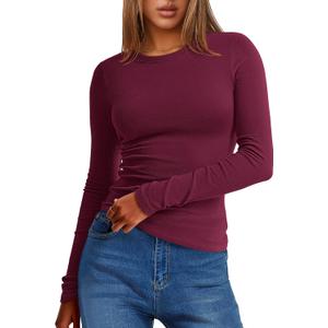 ANRABESS Womens Long Sleeve Thermal Shirts Slim Fit Basic Tee Tops Warm Fleece Undershirts 2025 Fall Winter Layer Outfits (Large, Wine Red)