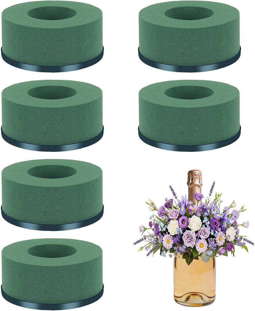 6 Pcs Mini Floral Foam Holder for Wine Bottle, Green Floral Foam Round with Plastic Base, Floral Arrangement Supplies for Wedding Party Table Wine Bottle Decor (6)