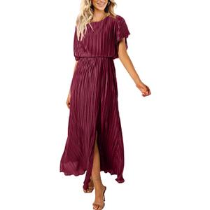 ECOWISH Summer Maxi Dress Women Cocktail Formal Wedding Guest Long Short Sleeve Pleated Dresses Empire Waist Crew Neck Slit (Small, Wine Red)