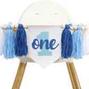 Blue Tassel 1st Birthday High Chair Banner - First Birthday Decorations For Boys,Cake Smash Party Highchair Banner,Blue Yarn Tassel Garland Photo Prop