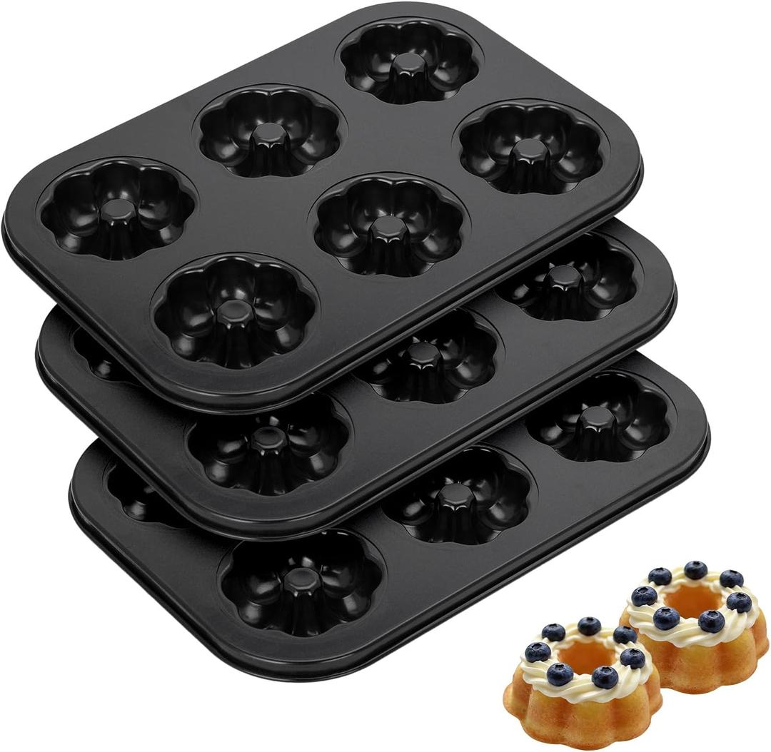 3 Pack Mini Bundt Cake Pan - Mini Fluted Tube Cake Molds, 6 Cavity Durable Carbon Steel Baking Pan, Non-Stick and Easy to Release, Evenly Shaped Cakes, Perfect for Home Baking and Party