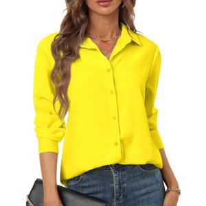 Women's Button Down Shirts Long Sleeve Basic Classic Soft Shirt Collared Fashion Dressy Casual Blouses (Medium, 5288_bright Yellow)