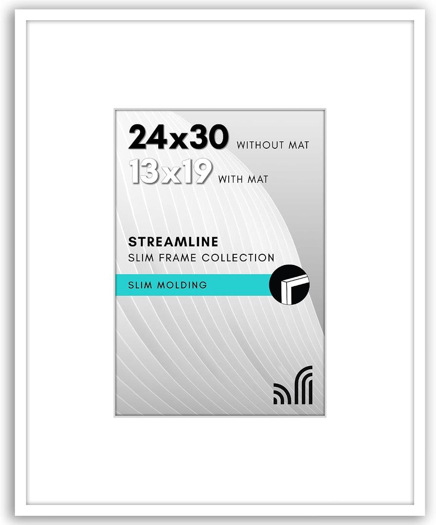 Americanflat 24x30 Poster Frame - Matted to 13x19 - Slim Molding - White, 24x30 with 13x19 Mat