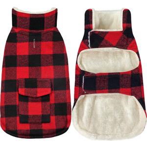 Malier Dog Winter Coat, Classic Plaid Fleece Dog Cold Weather Coats Pet Jacket with Pocket, Windprood Warm Coat Vest Pet Clothes Apparel for Dogs (Red, Large)