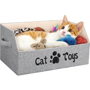 2X Thicker Large Cat Toy Bin Collapsible Cat Toy Box Sturdy Cat Toy Basket Kitten Toy Storage Bed for Organizing Cat Toys Treats Clothes and Accessories (Grey)