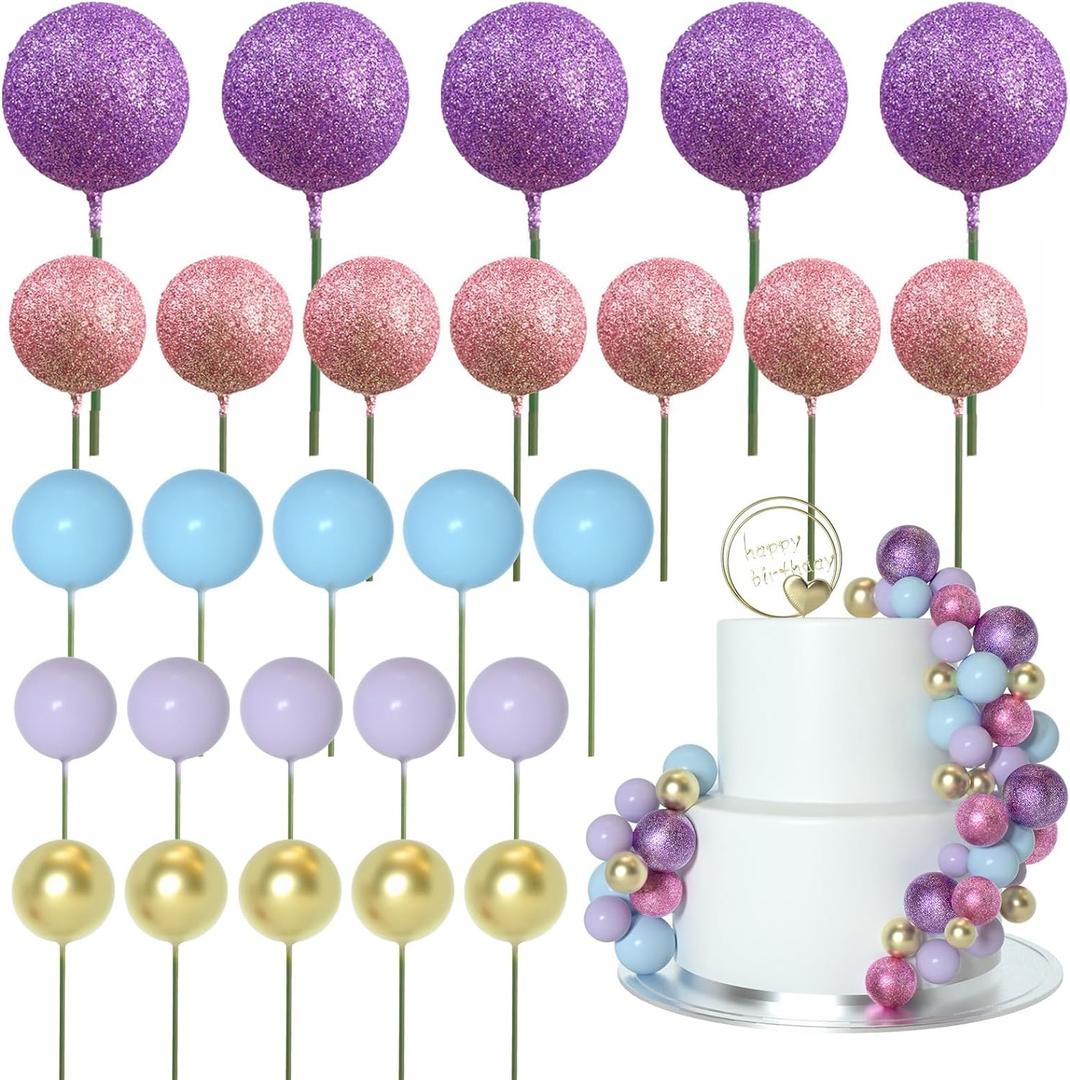 ASTARON 50 Pcs Ball Cake Topper Sticks Mini Balloons for Cake Decorating Supplies Foam Balls Cake decorations for Party Cake Birthday Cake Toppers Decorations (Pink-Purple-Blue)