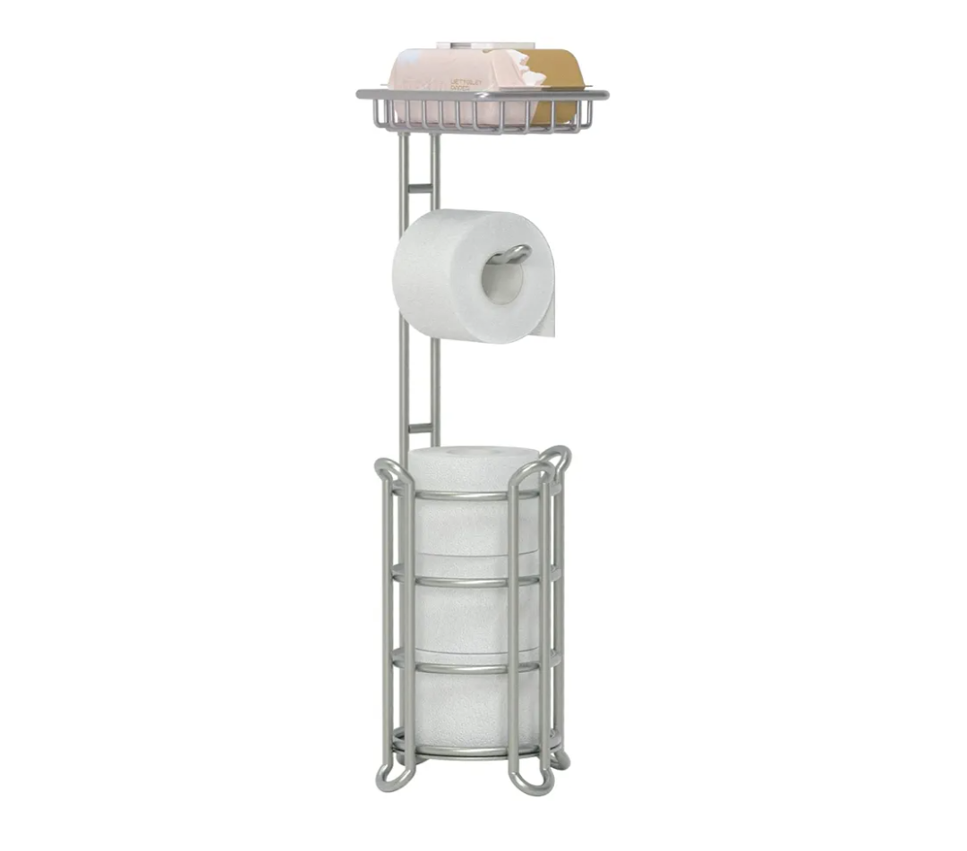 Toilet Paper Holder Stand Bathroom Tissue Dispenser Holders Rack Free Standing with Extra Shelf Storage Mega Rolls/Phone/Wipe - Silver