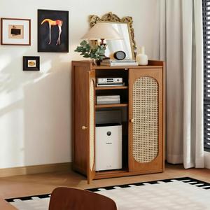 Large WiFi Router Storage Cabinet 23.6" x 32.3" x 9.8",3-Tier Bamboo Rattan Standing Modem Organizer Box for Home & Office, No Back Panel (Walnut