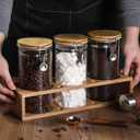 3 x Glass Coffee Storage Container with Bamboo Shelf, 3PCS 49oz Airtight Sealed Coffee Bean Jar with Clamp Lid & Measuring Spoon, Kitchen Pantry Canister Set for Ground Coffee Sugar Tea Flour