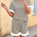 Tankaneo Womens 2 Piece Striped Shorts Set Ruffle Short Sleeve Tops Hight Waist Shorts Matching Sets Summer Vacation Outfits (Beige)