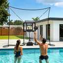Deberg Pool Basketball Hoop with 10x8 FT Ball Backstop Height Adjustable Poolside Basketball Goal Set with Fillable Base, Includes Ball & Pump | Rust-Resistant | Easy Setup |