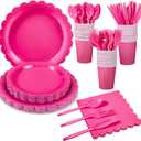 175 Pcs Hot Pink Paper Plates and Napkins, 25 Guest Hot Pink Supplies Include Scalloped Party Plates Napkins Cups Plastic Cutlery Set for Birthday, Bridal Shower