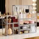 Glass Makeup Organizer for Vanity/Stackable 2Pieces Drawer Set/Antique Countertop Vanity Cosmetic Storage Box Mirror Glass Beauty Display, Holder for Brushes Lipsticks Skincare Toner (Silver)