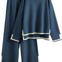 Tanming Women's 2 Piece Outfits Long Sleeve Knit Sweater Top Wide Leg Pants Lounge Sets Tracksuits (S, Navy)