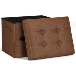 Storage Ottoman Cube, Folding Foot Rest with Thicker Foam Padded Seat. 350 lbs Small Linen Ottoman with Storage Bench Footstool for Living Room, Bedroom, Coffee Table. 17x13x13in, Brown