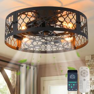 Garwarm 20in Caged Ceiling Fan with Light, Bladeless Black Fandelier Ceiling Fan Light Fixtures for Kitchen, Bedroom, Living Room (6 Speed, Timing)