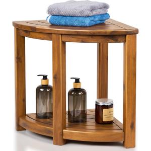 Teak Shower Stool, 18" Corner Shower Benches for Inside Shower Bathroom Wood Shower Seat with Storage Shelf Waterproof , Teak Wood