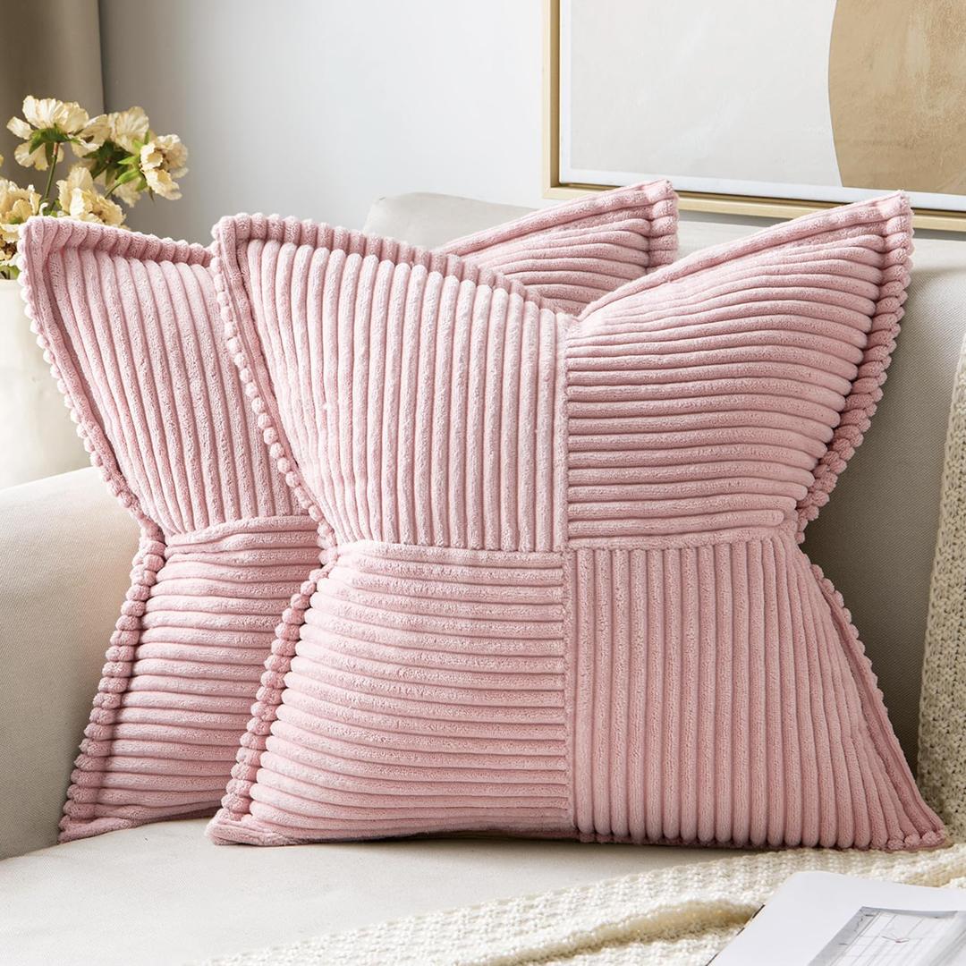 MIULEE Pink Corduroy Pillow Covers 16x16 Inch with Splicing Set of 2 Soft Boho Striped Pillow Covers Broadside Decorative Textured Pillowcases for Couch Cushion Bed Livingroom