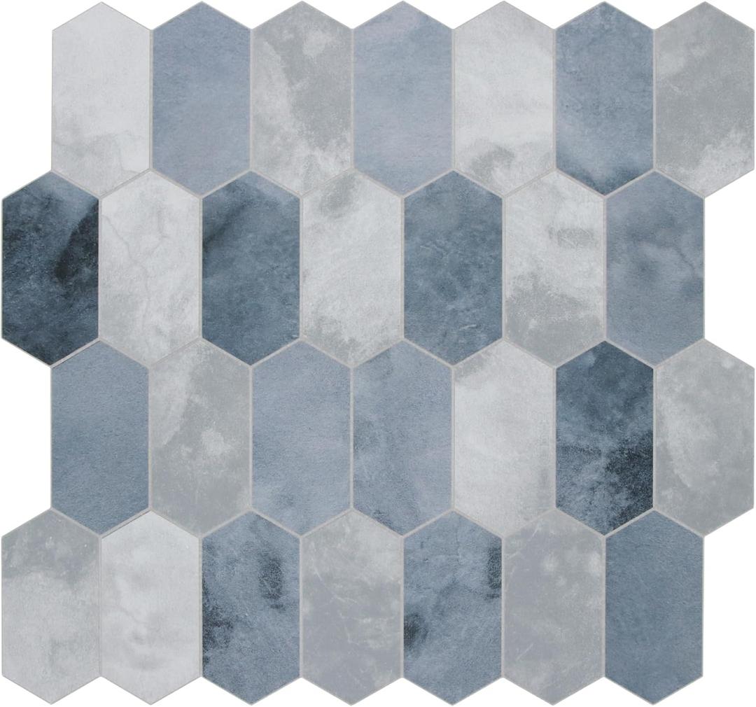 The Tiles Plaza 10-Sheet Peel and Stick Backsplash, 12" x 11.5" Blue Cement Long Hexagon Self-Adhesive Wall Tile, Stone Composite Stick On Decorative Mosaic Tile for Kitchen Bathroom Fireplace