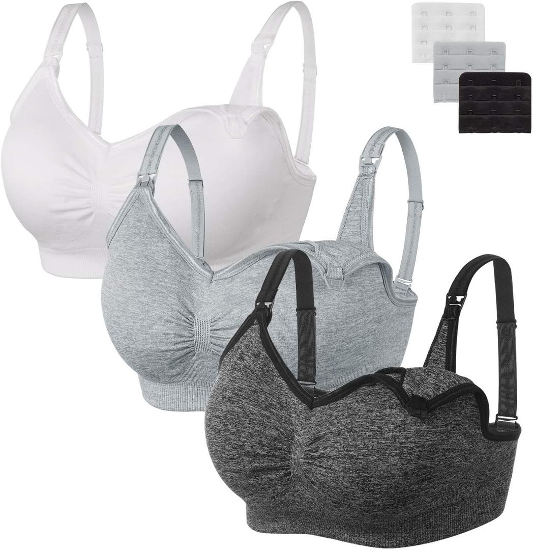 Angelhood Womens Seamless Sleep Nursing Bra,Breastfeeding Maternity Bra with Remove Bra Pads Extenders Pack of 3 (Black/White/Grey) XL